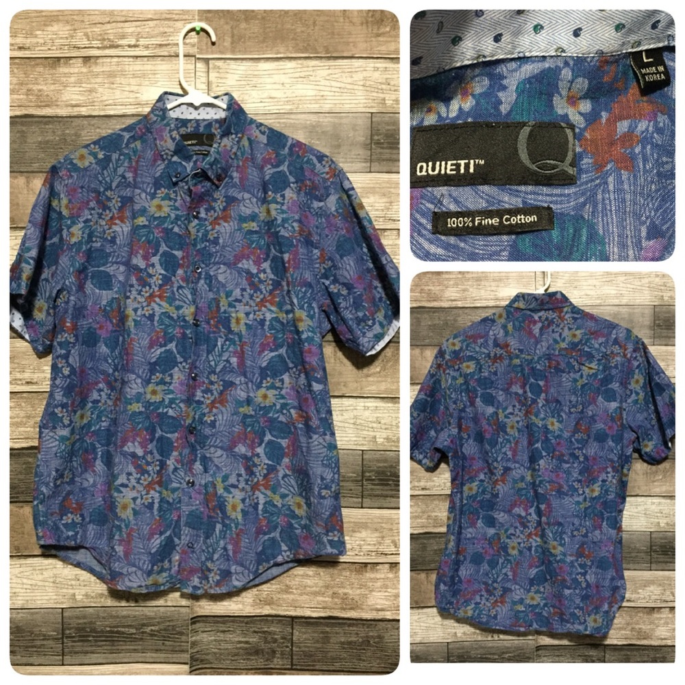 QUIETI Blue Floral Short-Sleeve Button-Down Shirt - L
